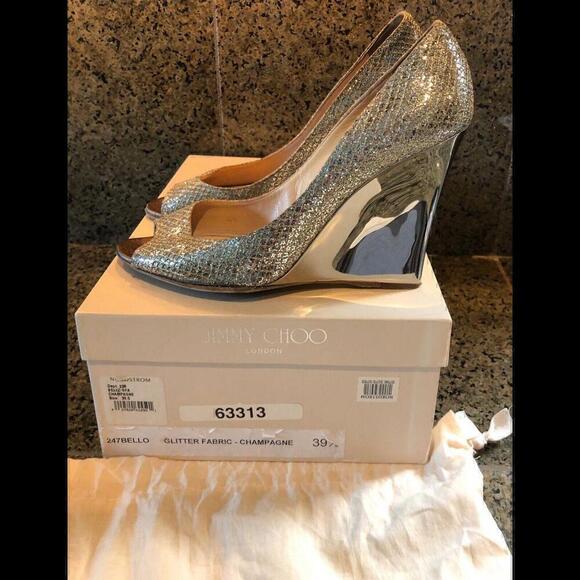 JIMMY CHOO BEllO Wedge Pump Shoes Champagne Glitter Bridal Shoe Euro 39.5 Us 9.5 - Picture 4 of 9